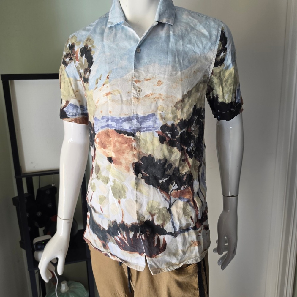 Mens Landscape Painting Print Short Sleeve Button Down Shirt Scenic Art Top